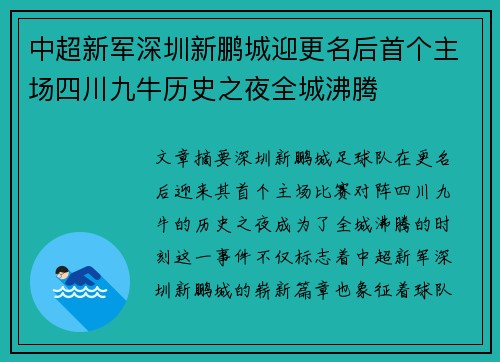 中超新军深圳新鹏城迎更名后首个主场四川九牛历史之夜全城沸腾